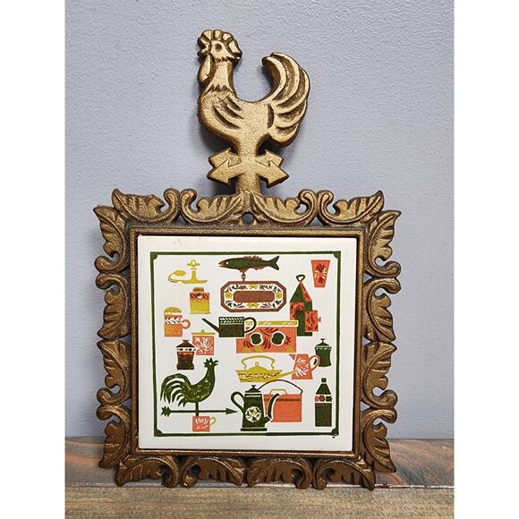 Vintage Cast Iron Trivet Rooster Ceramic Tile Japan - Picture 1 of 6